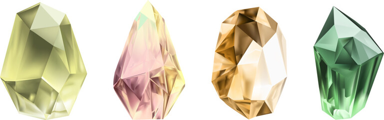 A collection of images of diamonds of various geometric shapes, colors and sizes.Glass shiny crystals with different shades reflecting light.Vector realistic set of glow gemstone or colorful ice.