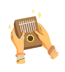 Hands decorated with bracelets holding kalimba and playing music. Hand-drawn texture illustration for website, banner, or sticker