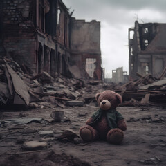 A lonely lost teddy bear sitting on the ruins of a big destroyed city after the end of the world or after a big disaster like earthquake or flood. Armageddon concept. Generative AI