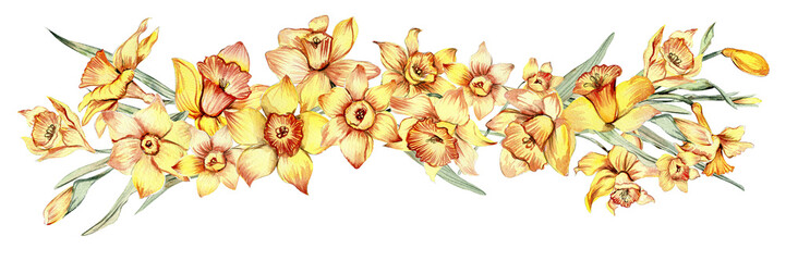 Watercolor horizontal seamless background with narcissus. Flowers in cartoon style. Hand drawn illustration of summer. Perfect for scrapbooking, kids design, wedding invitation, greetings cards.