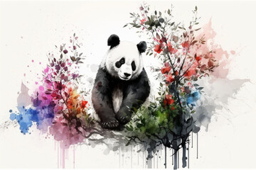 Enchanting Harmony: Abstract Panda Bear with Cherry Blossoms on White
