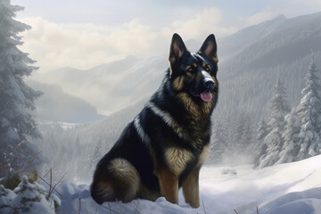 German shepherd. Portrait of a german shepherd dog. generative ai. Dog portrait, mountain snow background