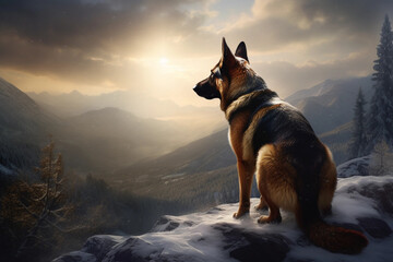 German shepherd. Portrait of a german shepherd dog. generative ai. Dog portrait, mountain snow background