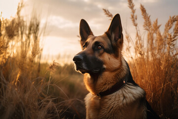 German shepherd. Portrait of a german shepherd dog. generative ai. Dog portrait, yellow grain field background