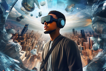 a man wearing futuristic VR glasses, immersed in a virtual metaverse. 