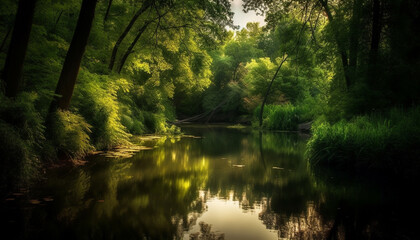 Fototapeta na wymiar Tranquil scene of green forest reflects in pond generative AI