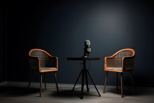 two chairs and microphones in a podcast or interview room isolated on dark background as a banner for media conversations or podcast streamers concepts with copy space