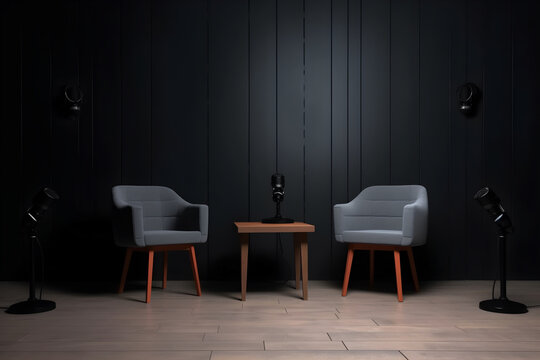 two chairs and microphones in a podcast or interview room isolated on dark background as a banner for media conversations or podcast streamers concepts with copy space