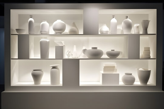  a showcase display for fragile products, such as glassware or ceramics. The display features a minimalist design, with clean lines and neutral colors.