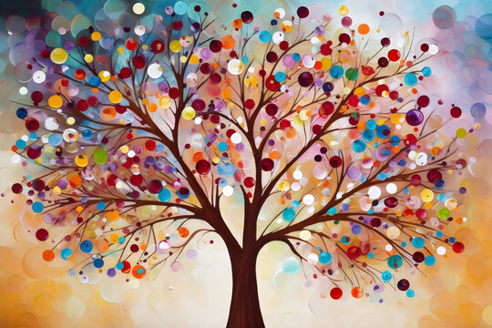 a 3D abstract wallpaper design that features a colorful tree with hanging branches and multicolored leaves, perfect for interior mural wall art decor. 