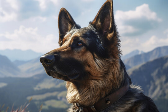 German shepherd. Portrait of a german shepherd dog. generative ai. Dog portrait, mountain snow background