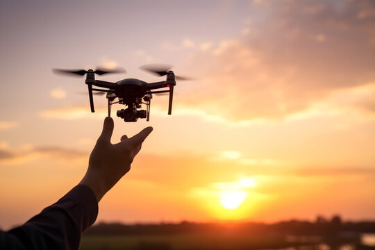 a drone released from a human hand during the sunset. 
