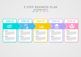 modern infographic template 5 steps success business plan square white with multi colored arrows and center icons gray gradient background design for marketing, finance, product, project