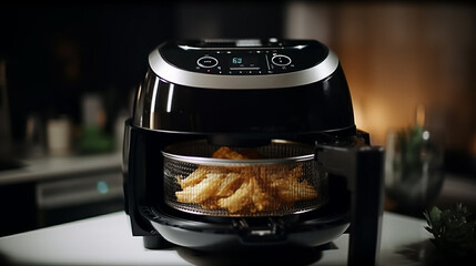 Máquina de fritadeira de ar que cozinha batata frita na cozinha. Estilo de vida da nova culinária normal