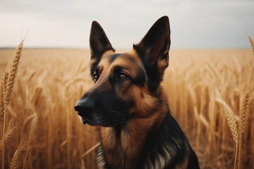 German shepherd. Portrait of a german shepherd dog. generative ai. Dog portrait, yellow grain field background