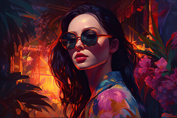 Attractive girl clubbing at the hot summer dance party. Neon light. generative ai.Palm trees on background. Vacation nightlife