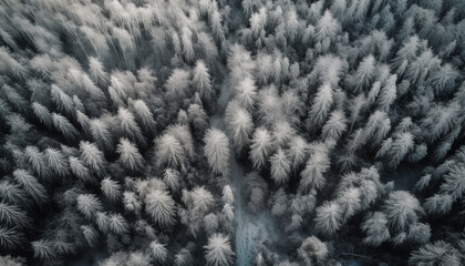 High up, flying drone captures winter wonderland generative AI