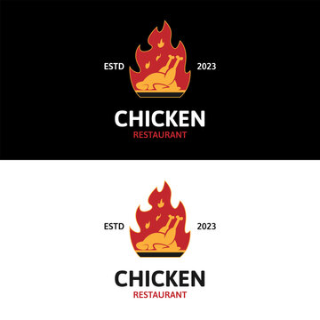 Hot chicken grilled on fire for retro vintage fresh and fast-food restaurant logo design
