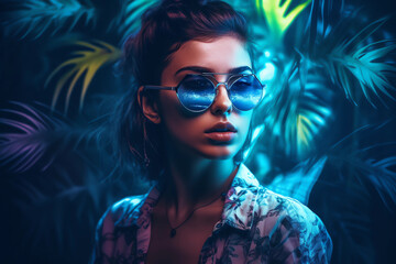 Attractive girl clubbing at the hot summer dance party. Neon light. generative ai.Palm trees on background. Vacation nightlife