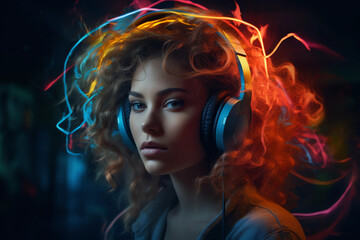 Attractive girl clubbing at the hot summer dance party. Neon light. generative ai.Palm trees on background. Vacation nightlife