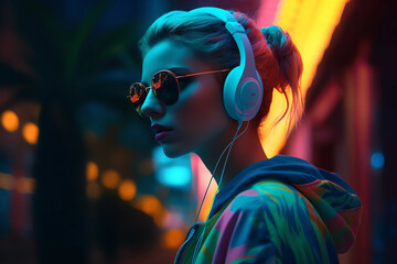 Attractive girl clubbing at the hot summer dance party. Neon light. generative ai.Palm trees on background. Vacation nightlife , blonde girl