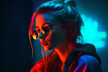 Attractive girl clubbing at the hot summer dance party. Neon light. generative ai.Palm trees on background. Vacation nightlife , blonde girl