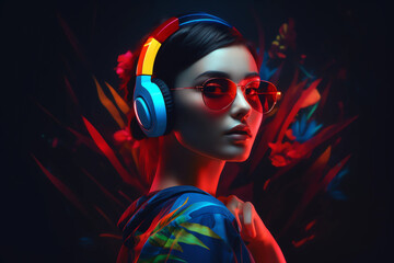 Attractive girl clubbing at the hot summer dance party. Neon light. generative ai.Palm trees on background. Vacation nightlife