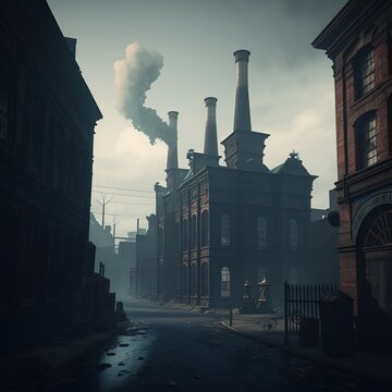 A dark Victorian industrial district, Coal fog, wet and dirty street, Peaky Blinders style