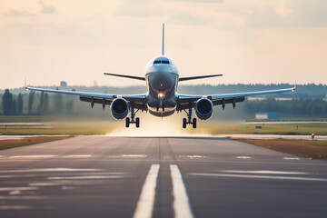 Fototapeta na wymiar the airplane starts to take off on the runway of the airport - Generative AI