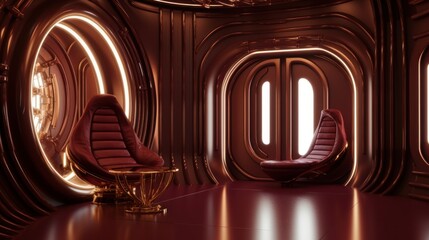 Fototapeta na wymiar Experience a Deliciously Futuristic Design with Antique Gold, Deep Maroon Red & Cocoa-inspired Abstracts in a Mouth-watering Interior Setting, Generative AI
