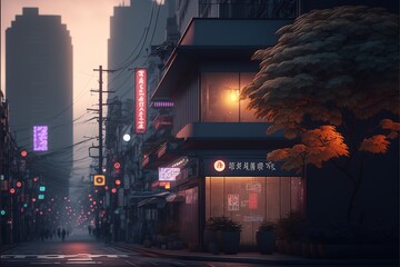 A stunning harajuku with dim lighting, early morning fog and a bioluminescent street during twilight golden hour