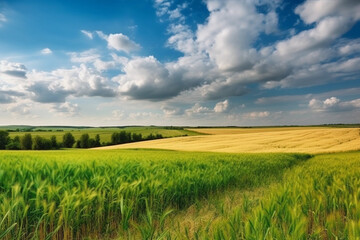 Fototapeta na wymiar Panoramic natural landscape with green grass blue sky with clouds and curved horizon line. generative ai, Colorful summer panorama of combination of yellow and green fields.
