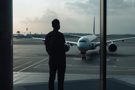 Man silhouette is watching to the plane from airport terminal - Generative AI