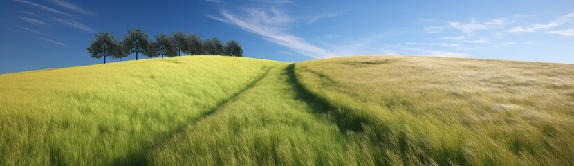 Panoramic natural landscape with green grass  blue sky with clouds and curved horizon line. generative ai,  Colorful summer panorama of combination of yellow and green fields.