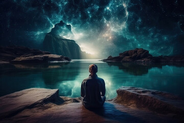 A Person Experiencing Surreal Meditation Journey in a Dreamlike Landscape, Psychic Waves Trend, Generative AI