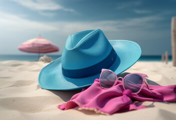 Straw hat and sunglasses on beach, generative ai, sandy beach
