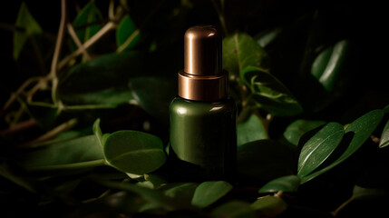 a cosmetic Mockup product among green plants in minimalist light, gerenative AI