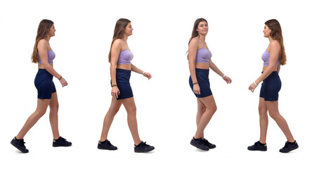 side view of a group of a young same girl walking on white background