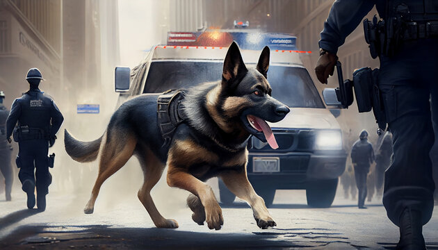 Artistic recreation of shepherd german as police dog in service with polices. Intelligence Artificial