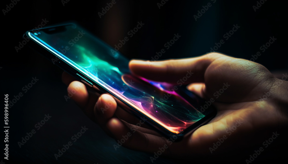 Poster hand holding smart phone, typing text message generative ai