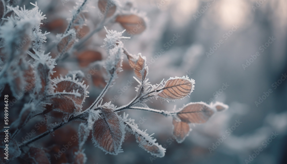 Poster frosty branch in winter forest, close up macro generative ai