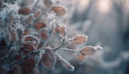 Frosty branch in winter forest, close up macro generative AI