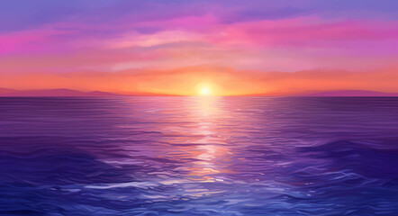 Beautiful wide format background image of marine nature at sunset on a summer day with original purple tinting. generative ai. calm sea