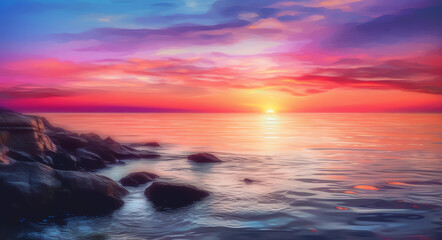Naklejka premium Beautiful wide format background image of marine nature at sunset on a summer day with original purple tinting. generative ai. calm sea