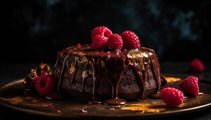 Fototapeta na wymiar Fresh raspberry dessert with gourmet dark chocolate generative AI