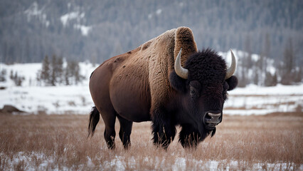 giant bison on grass with some mountains in background, generative AI