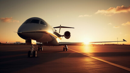 Fototapeta na wymiar A sleek luxurious private jet sitting on a runway, its engines roaring to life, generative AI