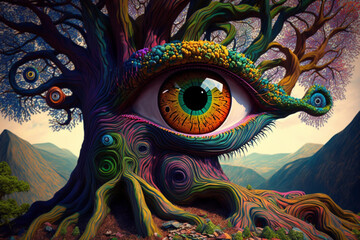Enigmatic Conversations: Psychedelic Talking Tree with Big Eyes in Ultra High Detail