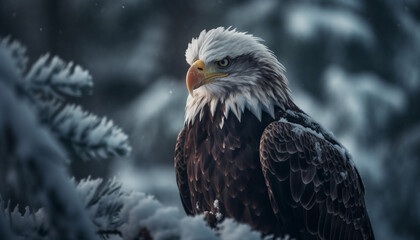 Majestic bald eagle perching on snowy branch generative AI