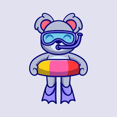 Cute diving koala Cartoon Vector Icon Illustration. Animal Icon Concept Isolated Premium Vector. Flat Cartoon Style